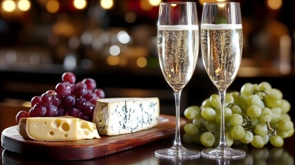 Champagne, Cheese, and Grapes on Wooden Board, sparkling wine, green grapes, red grapes, blue cheese, swiss cheese