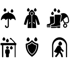 Rain Protection Icons. Solid vector icons of rain protection: umbrella, raincoat, waterproof boots, rain cover, windshield wiper,