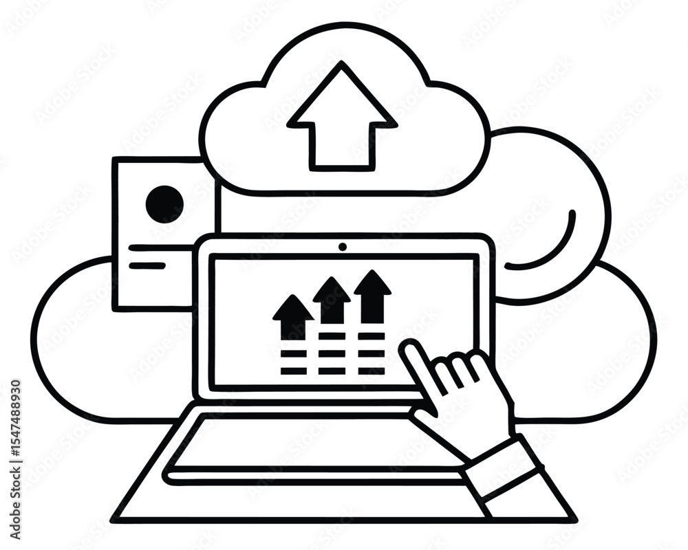 Fototapete Cloud computing data uploading concept with laptop computer and hand illustration. cloud, computing, upload, data, technology, laptop.