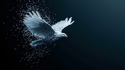 Majestic eagle disintegrating into particles against dark background, dramatic artistic effect showing motion and transformation in monochromatic blue tones.