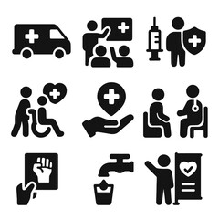 Health Equity Icons. Solid style icons of health equity efforts: mobile clinic van, health workshop icon, vaccine outreach,