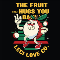 Cute Lychee fruit 70s retro comic cartoon character illustration