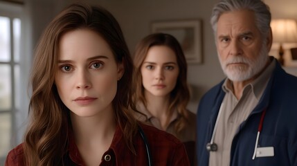 Fototapeta premium Concerned young woman with family in the background, female, girl, daughter, mother, father