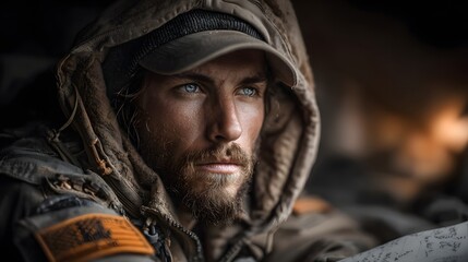 A close up portrait of a bearded hooded man with an intense determined gaze embodying the resilience and self reliance of a seasoned wilderness explorer