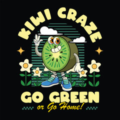 Cute Kiwi fruit 70s retro comic cartoon character illustration