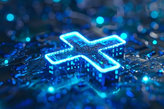 Glowing blue cross symbol on computer circuit board with bokeh lights and digital technology elements, representing healthcare technology and medical innovation. - Powered by Adobe