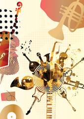 Music background with colorful music instruments and vinyl record disc vector illustration