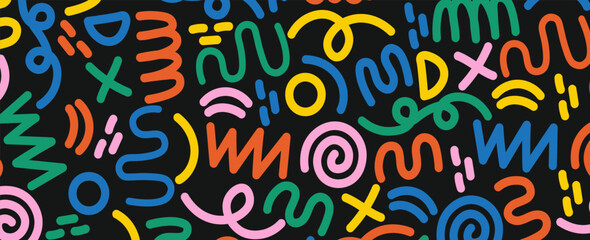 Memphis seamless geometric pattern. Multicolored abstract background in retro style of the 80s, 90s with various shapes: circles, dots, zigzags, spirals, wavy lines. eps 10