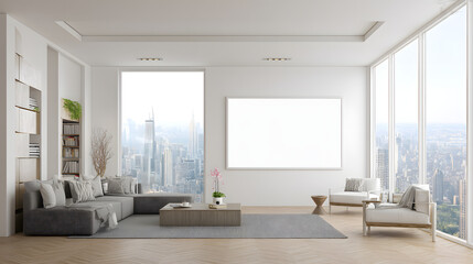 Luxurious modern living room with city skyline view and elegant furnishings, designed for comfort and style.
