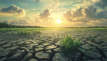 Hope Resurges, Green Shoots Emerge from Cracked Earth at Sunset