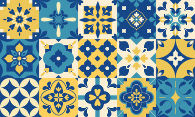 Mediterranean interior background. Abstract geometric tiles. Floral arabesque. Italian, Portuguese, Spanish blue and yellow pattern. Wall and floor interior design. Mosaic. Amalfi core. Vector.