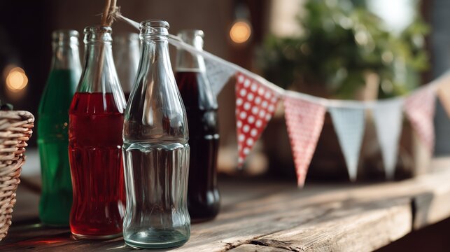 Colorful assortment of soda bottles displayed on wooden table with festive bunting in rustic setting