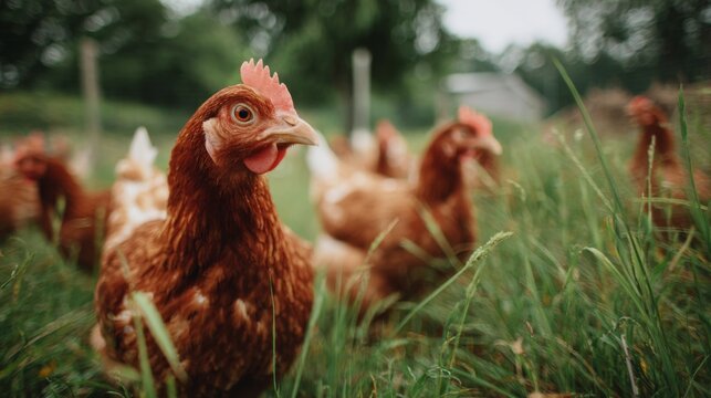 Chickens foraging in grass on a farm in natural environment  