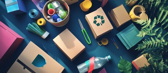 Creative Sustainable Concept, Tabletop Still Life of Upcycled Materials and Craft Supplies for Eco-Friendly Projects