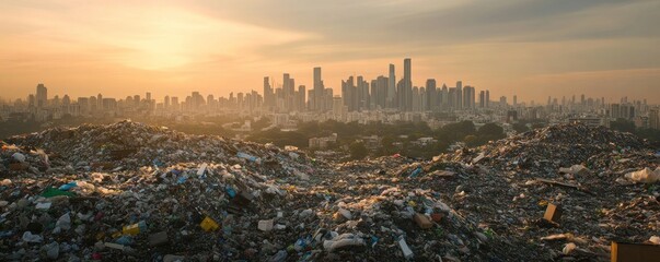 Stark Contrast, A Cityscape Emerging from a Mountain of Waste and Pollution