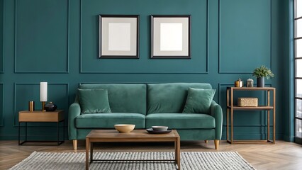 Modern Teal Velvet Sofa in Minimalist Living Room Interior Design