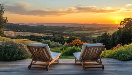Tranquil Sunset View from Wooden Deck with Lounge Chairs and Vibrant Flowers