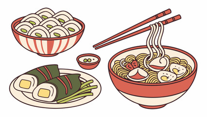 Delicious Asian food illustration with noodles, dumplings, spring rolls, and dipping sauce. Vector graphic of popular cuisine.