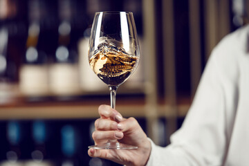 Close up person hand swirling white wine in wine glass on cellar background. Wine expert tests...
