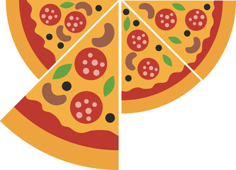 Flat style pizza sliced into pieces. Food art. Culinary illustration. Delicious fast food. Cooking, holiday, party concept.