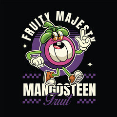 Cute Mangosteen fruit 70s retro comic cartoon character illustration	