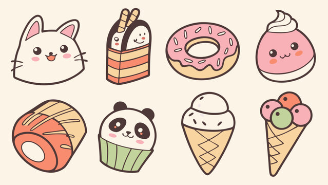 Cute Kawaii Desserts and Food Set. Adorable cartoon sweets, ice cream, donut, cake, cupcake, sushi, cat, panda characters.