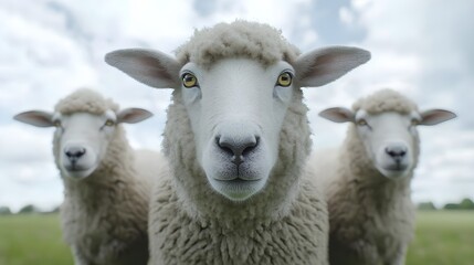 Fototapeta premium Three Sheep in a Field, sheep farm, flock, wool, lamb, agriculture