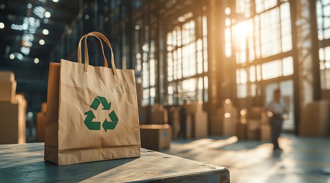 Paper shopping bag with green recycling symbol in sunlit modern interior space with glass windows, highlighting sustainable retail and eco-friendly shopping concept.