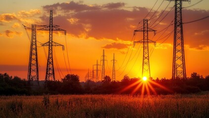 Electric Power Transmission at Sunset, A Vital Component of Modern Infrastructure