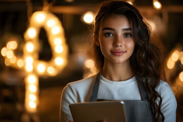 Young Asian female barista in gray apron holding digital tablet against warm glowing cafe lights background, friendly welcoming smile and professional service atmosphere.