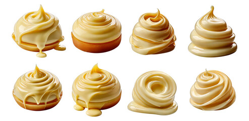 Various creamy dessert toppings on sweet pastries and confections, Isolated on Transparent, white background