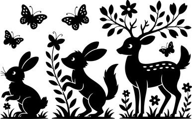 Animal  Whimsical Cats and Birds in Trees Silhouette vector