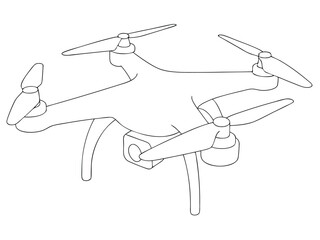 Detailed black and white illustration of a modern drone with propellers and camera component.