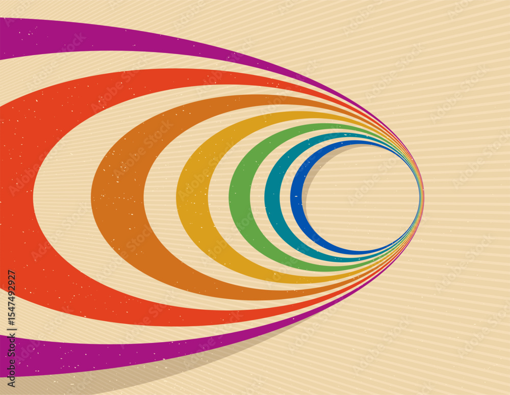 Poster retro style abstract background with curve lines in all colors of rainbow, 3d dimensional seventieth