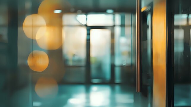 Blurred modern office corridor with glass walls and bokeh light effects creating atmospheric business interior with teal and orange tones.