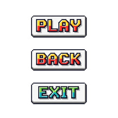 Retro pixelated video game buttons: play, back, exit transparent PNG