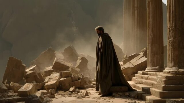 Desolate ruins, Jeremiah kneels in prayer then stands up amidst fallen pillars in ruins, evoking deep emotion and reflection. From the book of Jeremiah from the bible.