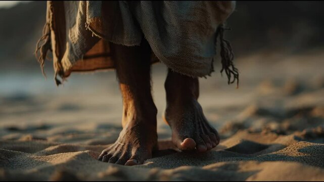 Jesus walking barefoot on sand, symbolic stillness