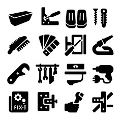 Fototapeta premium DIY Home Improvement Icons. Solid style icons of DIY home improvement: drywall mud pan, bracket installation tool, ladder grip