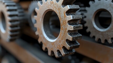 Rusty metal cogwheel macro shot showing industrial machinery details with shallow depth of field. Mechanical engineering and manufacturing concept background.