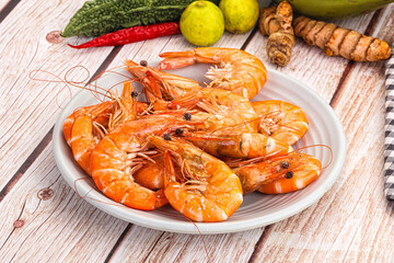 Tasty hot big boiled prawns
