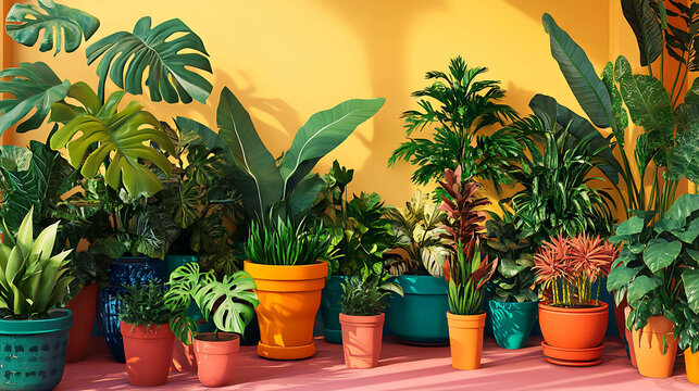 A vibrant plant nursery with tropical plants in decorative pots
