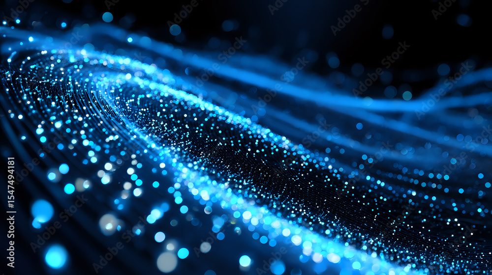 Poster glowing blue particles and light waves flowing in dark space create dynamic motion effect with bokeh