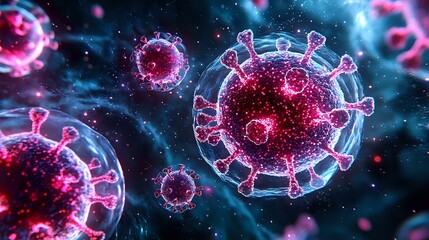 Glowing pink and blue virus cells with detailed spike proteins floating in dark space background, scientific medical visualization for healthcare concepts.