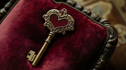 An ornate key with a heart-shaped top resting on a velvet cushion