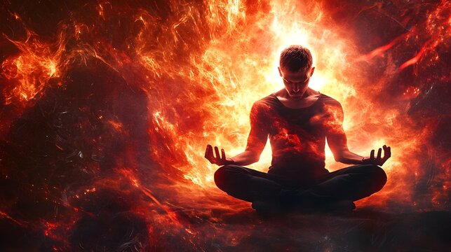 Man Meditating in a Firestorm, flames, inferno, blaze, burning, heat