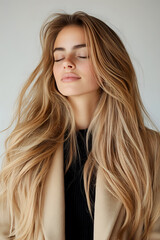 Naklejka premium Young Caucasian woman with flowing blonde ombre hair and closed eyes expressing serenity and peace against neutral background, wearing beige coat.