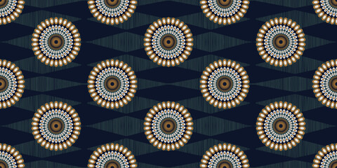 African ethnic traditional black blue pattern. seamless beautiful Kitenge, chitenge style. fashion design in colorful. Geometric circle abstract motif. Floral Ankara prints, African wax prints.