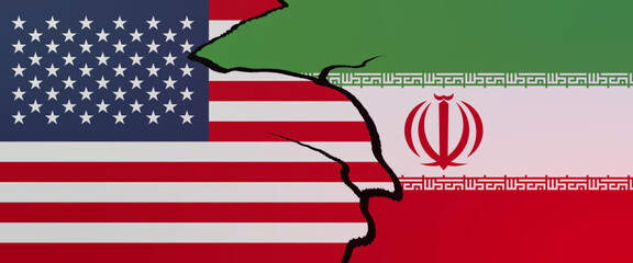 USA and Iran flags with ripped on a cracked wall. Iran and United States flags showing government aggression and disagreement