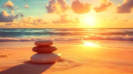 Serene Sunset Beach with Balanced Stones, ocean, sea, waves, sand, rocks